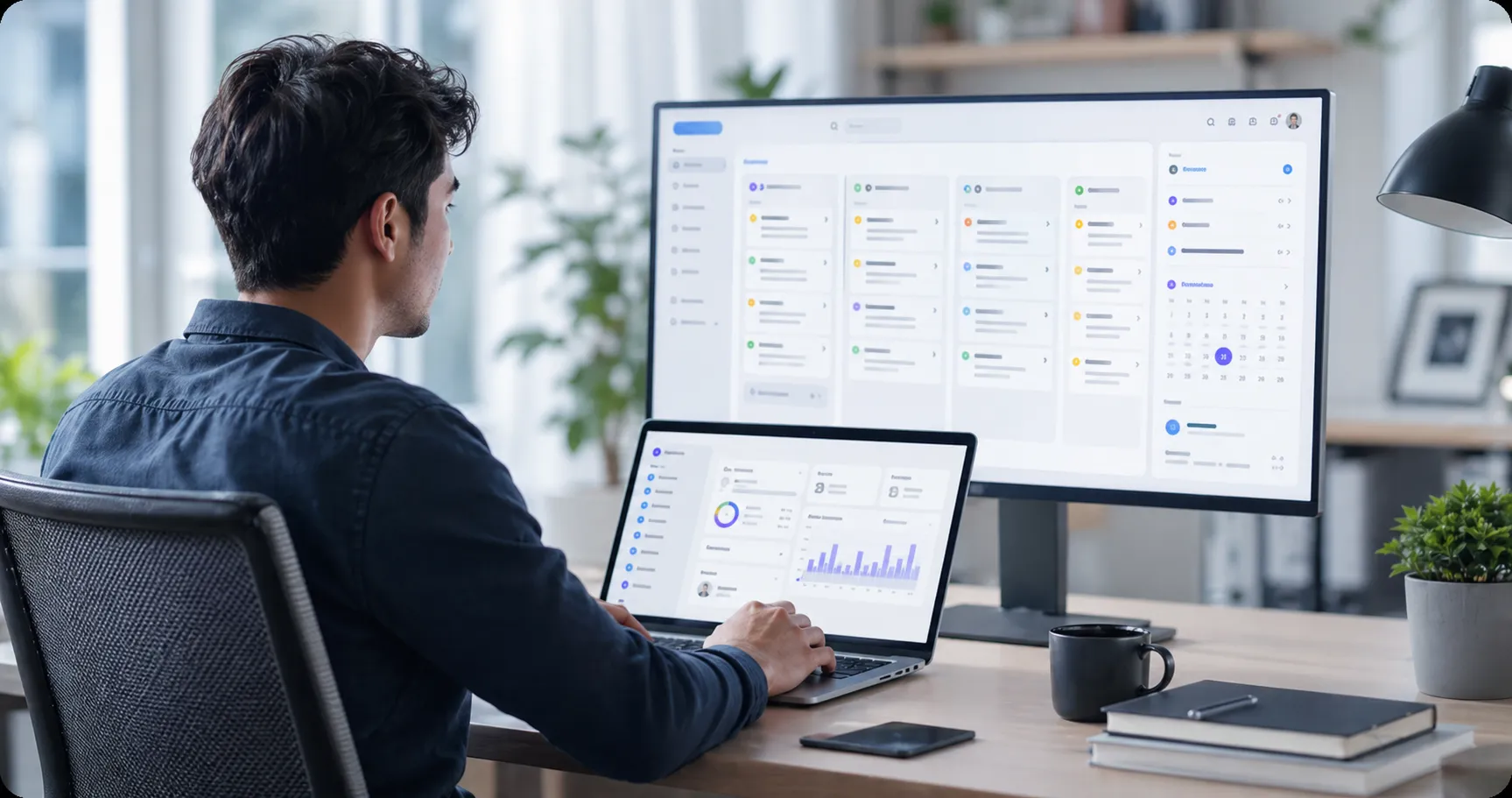 A job seeker reviewing an organized application tracking dashboard across a laptop and monitor.