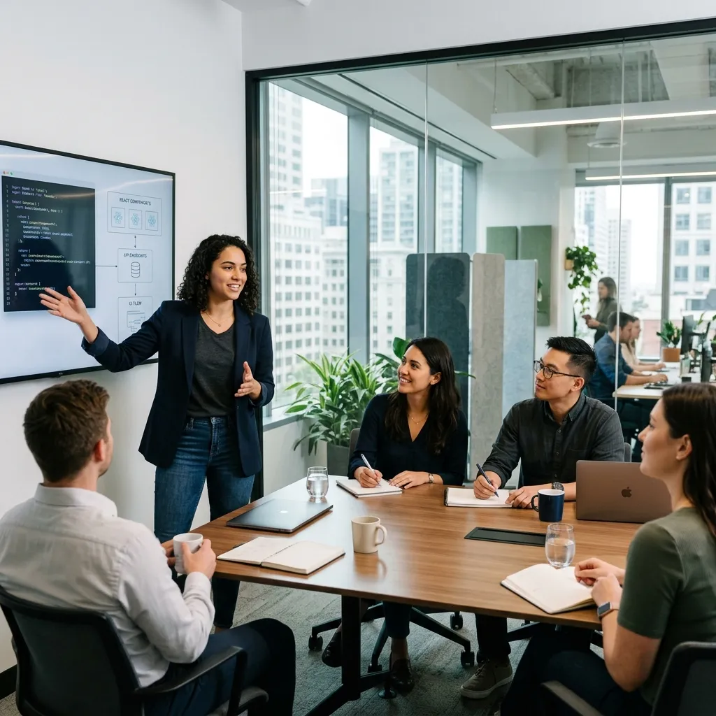 Mô phỏng Developer đang tự tin trình bày giải pháp Technical System trước Stakeholders