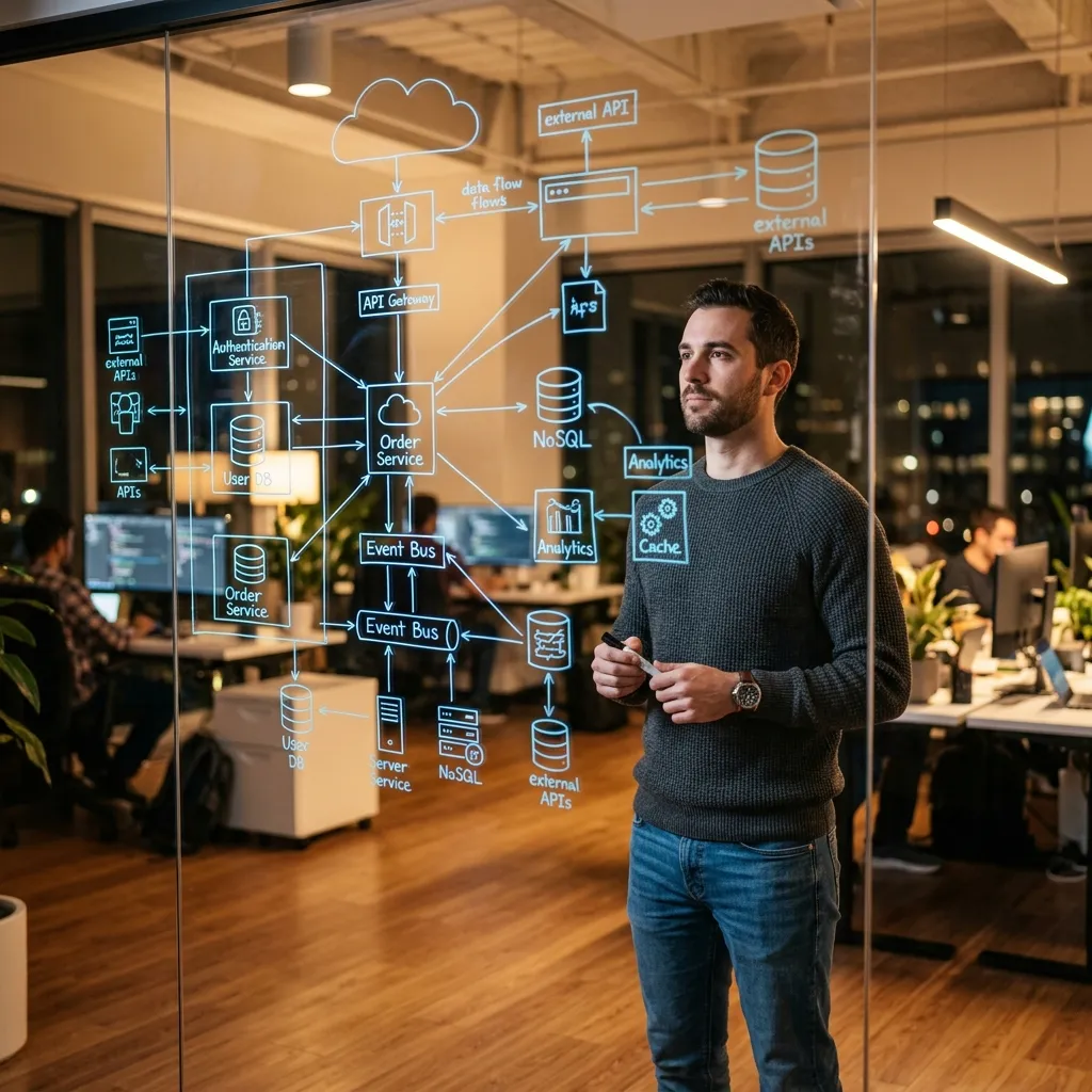 Mô phỏng kiến trúc hệ thống dữ liệu nơi Senior Developer tạo ra tầm ảnh hưởng quy mô