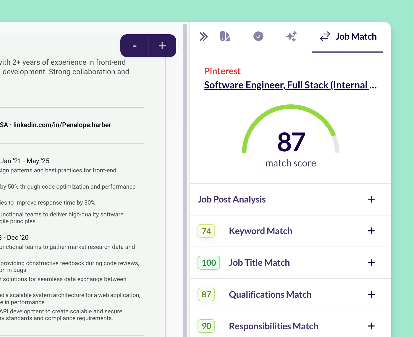 Resume tailoring and job match preview