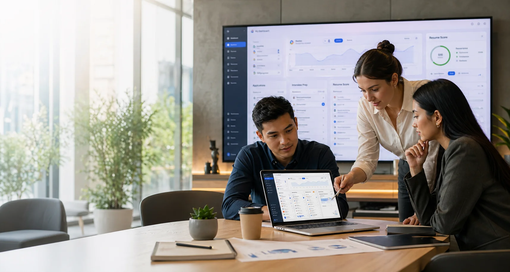 JobForge team collaborating in a modern workspace with job-tracking dashboards and career tools