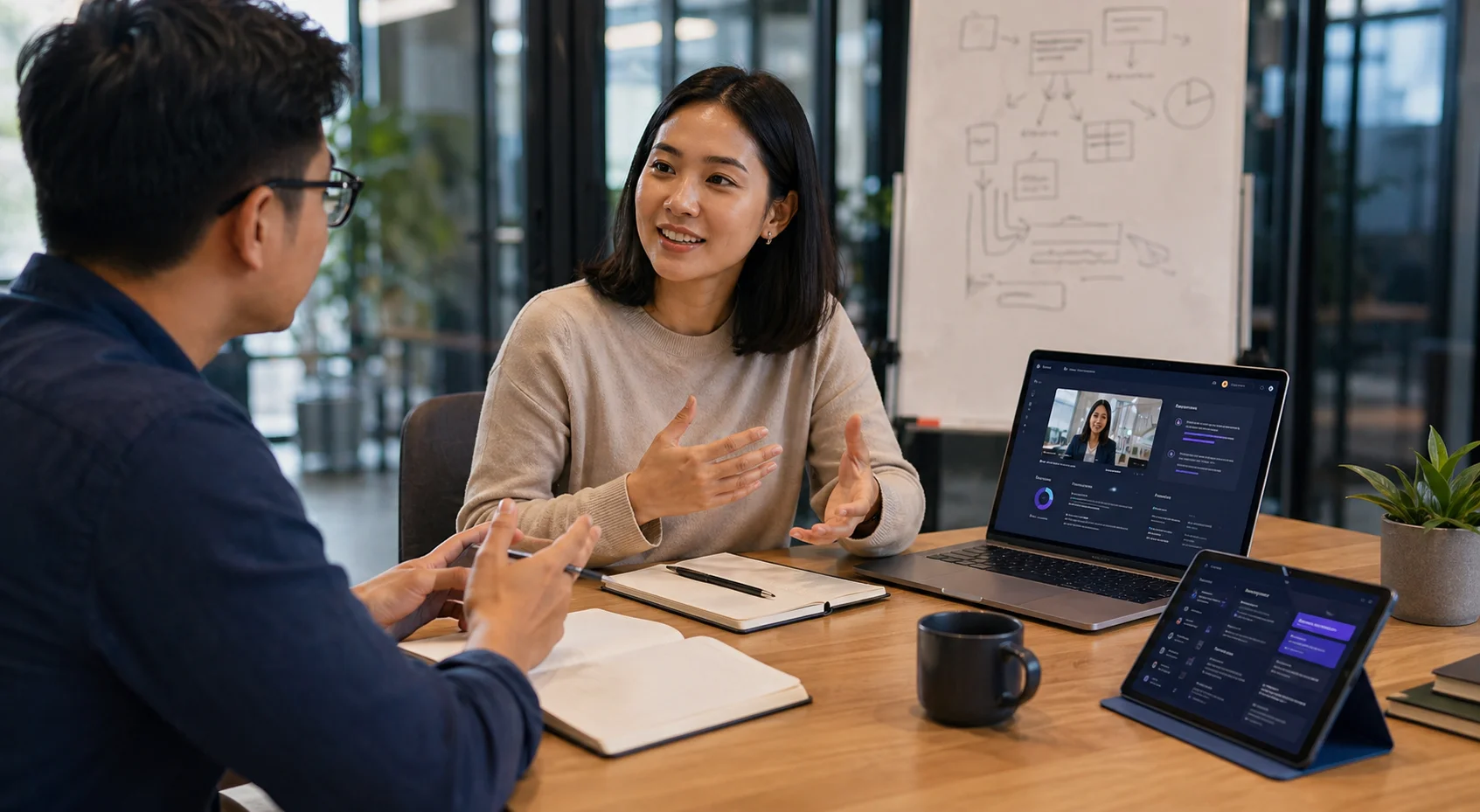 Two professionals practicing interview preparation together in a modern workspace