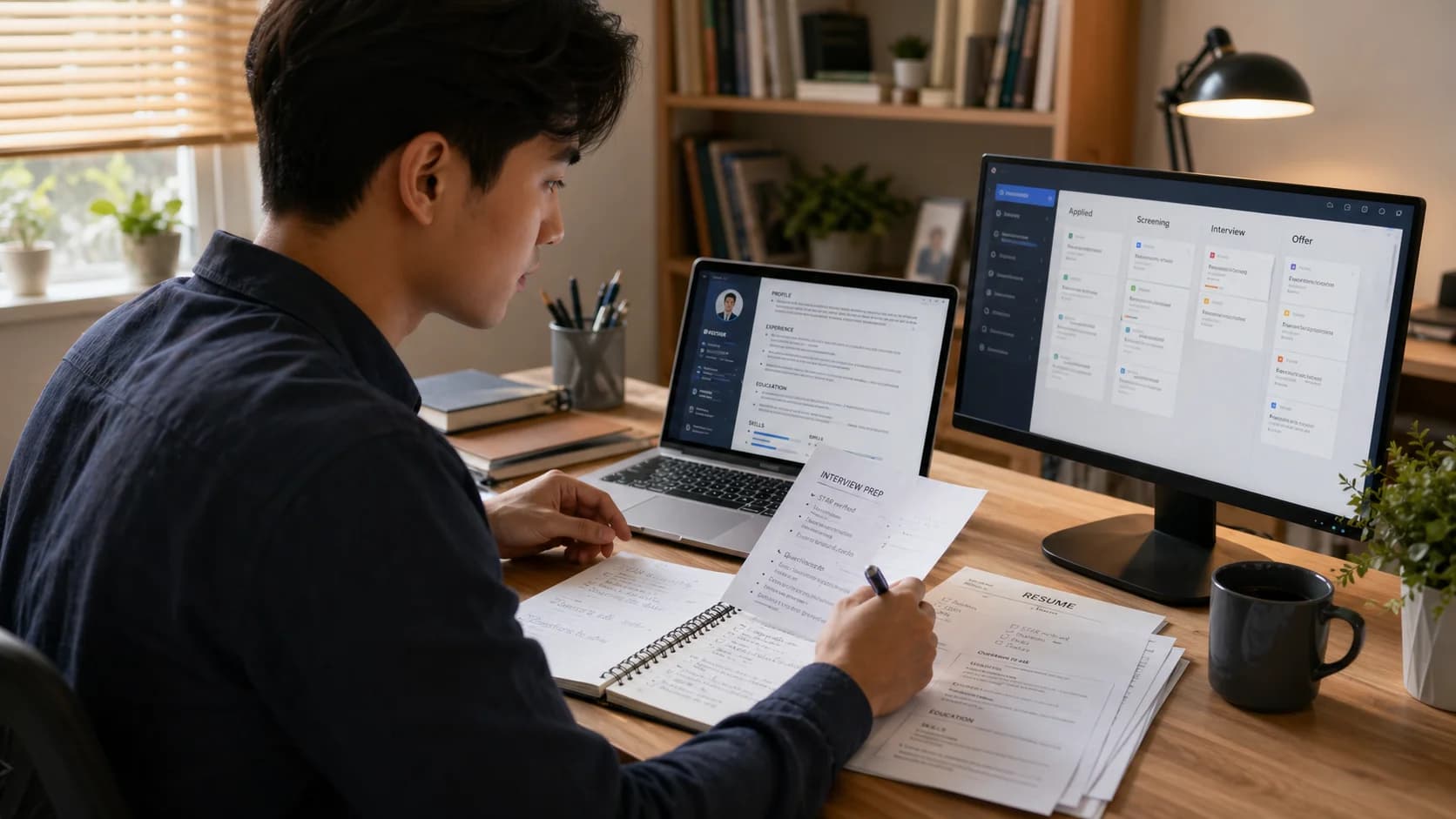 A focused professional working through resume preparation and interview planning with digital career tools