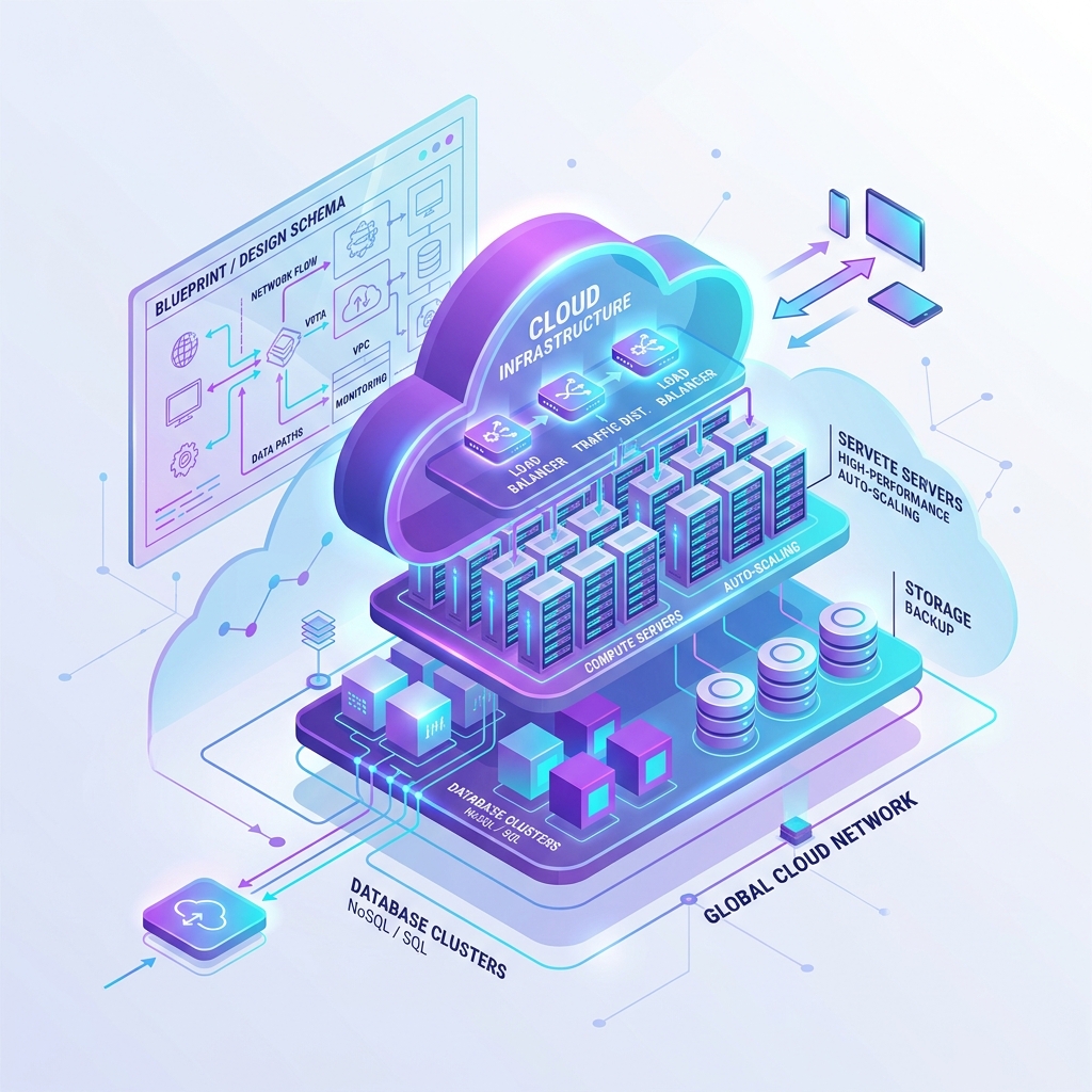 System design illustration with cloud icons and servers