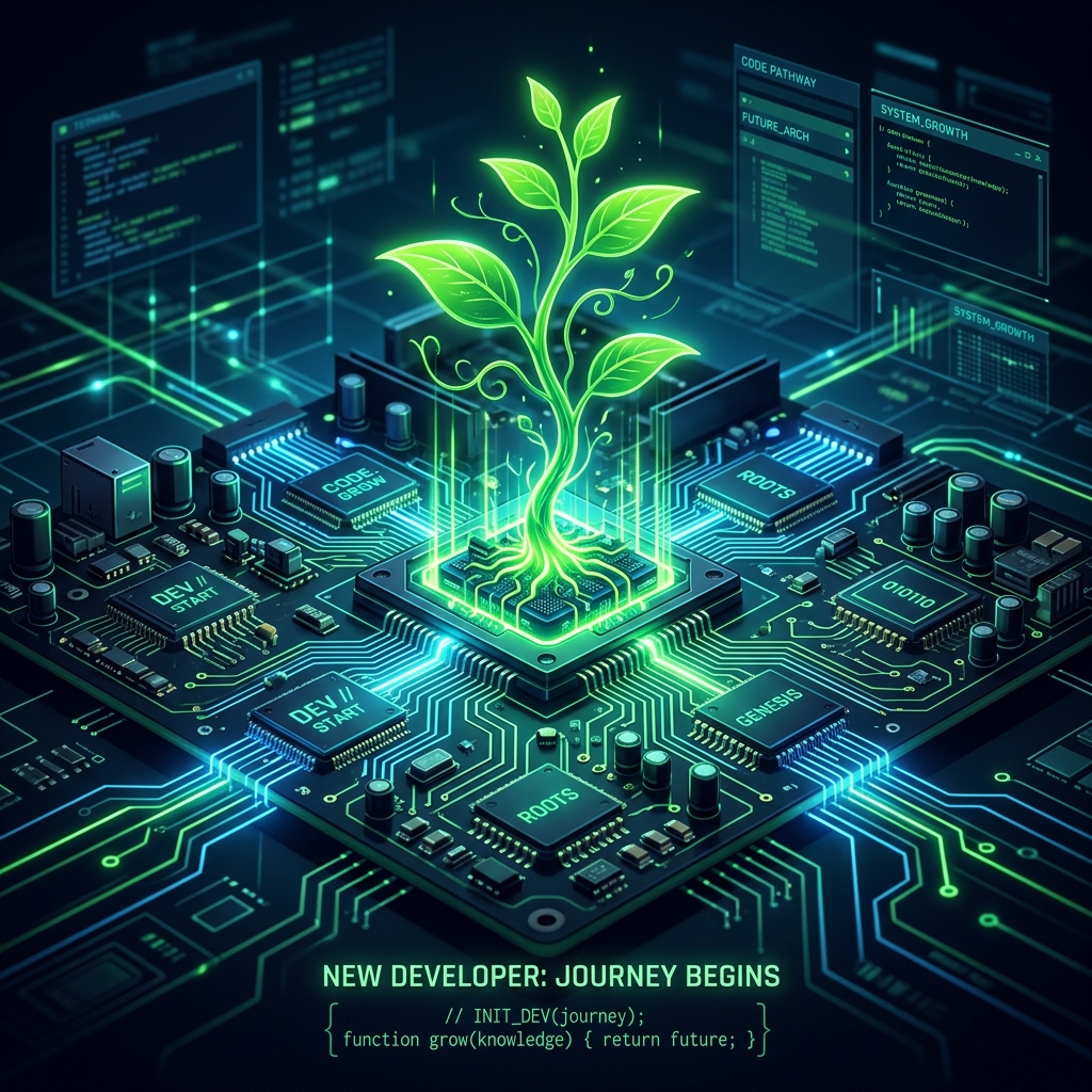 Fresher IT planting digital neon seed on motherboard to grow career tree